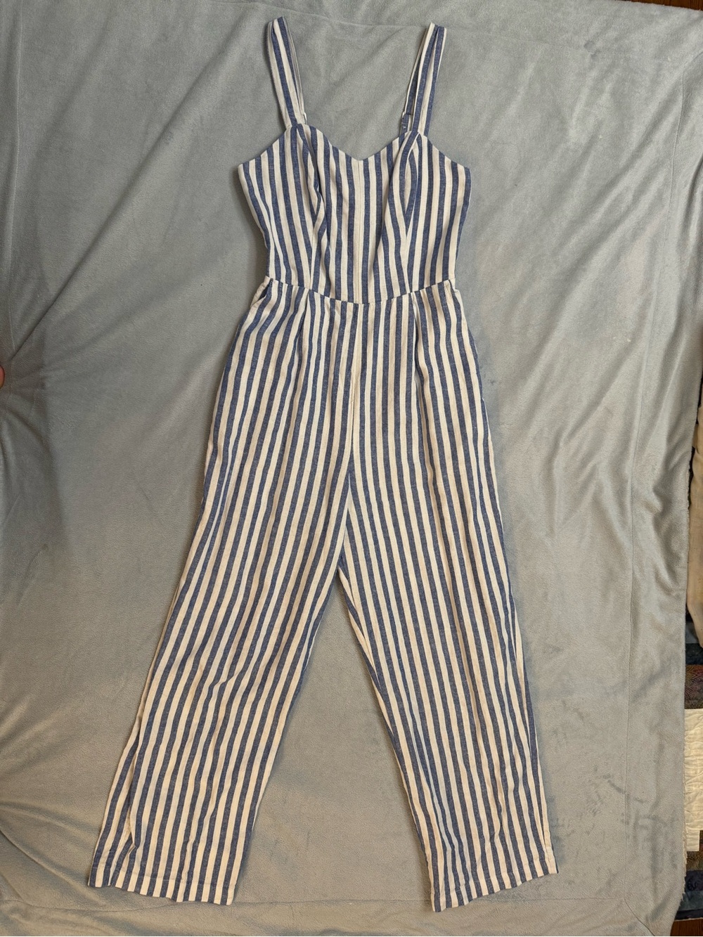 Old Navy Blue and White Vertical-Stripe Sleeveless Jumpsuit